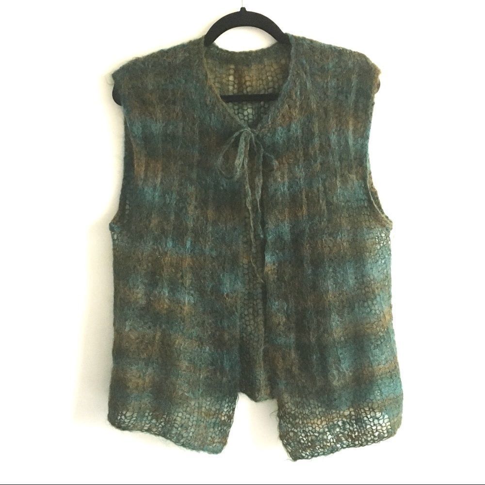 HAND KNIT Vintage Mohair Sleeveless Open Cardigan Vest Tie Neck Green Blue S/M - Picture 2 of 7